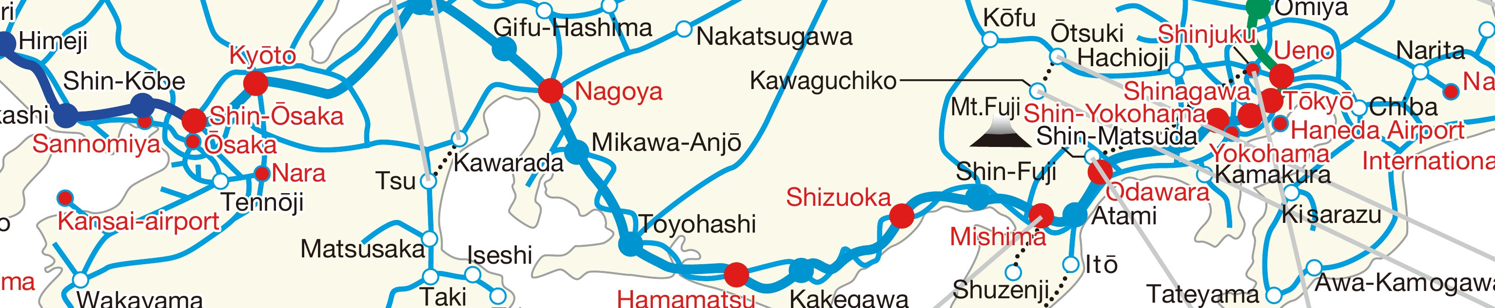 JR官方全国路线图（JAPAN RAIL PASS 官方图）东海道一段：东海道新干线和东海道本线全线，从羽田机场、东京、新横滨经名古屋到京都、大阪、奈良、关西机场，上面用文字标出了落点和五段城际路线